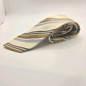 Bergamo New York Mens Tie Gold Tan Light Blue Wavy Diagonal Stripes Polyester